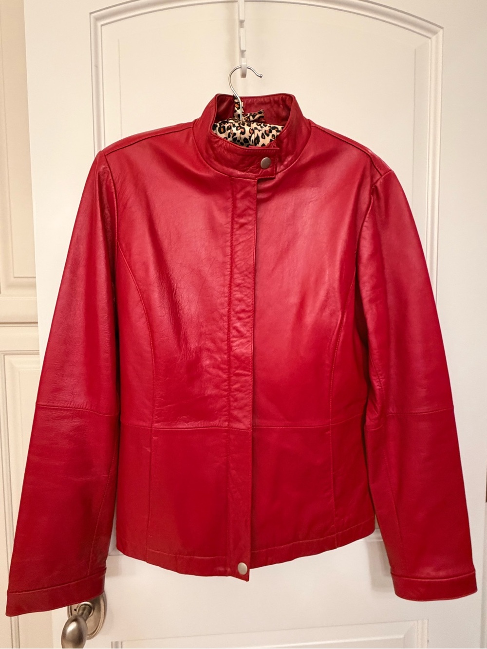 Red Leather Jacket with Stand Collar - Women